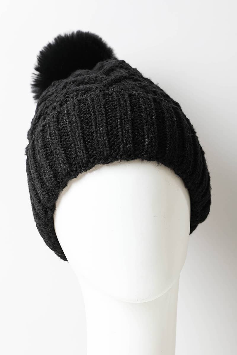 Winter Resort Cable Knit Pom Beanie with Thermal Lining