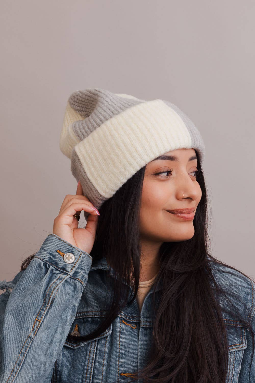 Oversized Two Tone Rib Knitted Beanie