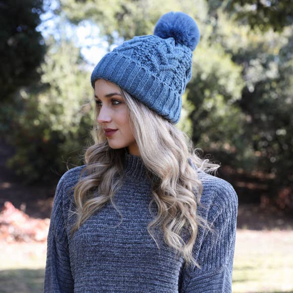 Winter Resort Cable Knit Pom Beanie with Thermal Lining