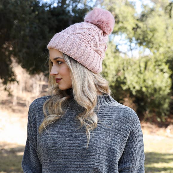 Winter Resort Cable Knit Pom Beanie with Thermal Lining
