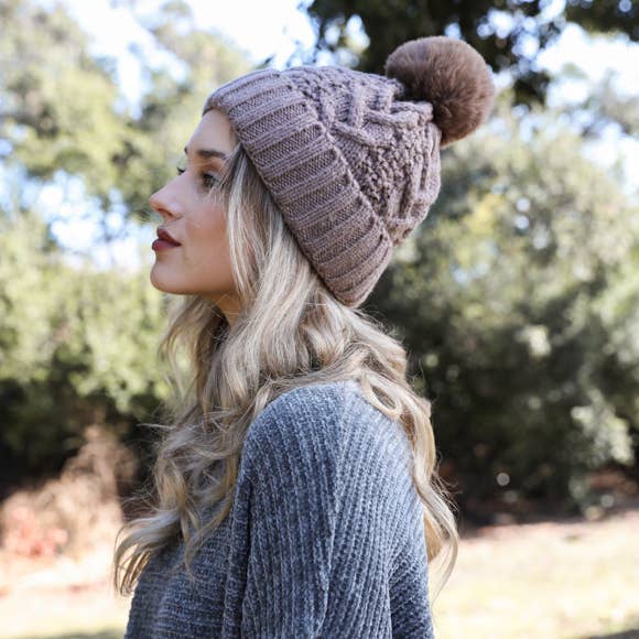 Winter Resort Cable Knit Pom Beanie with Thermal Lining