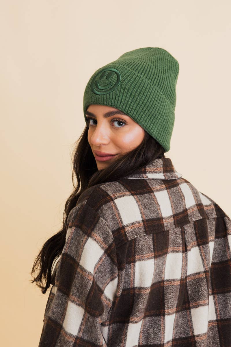 Smiley Face Embroidered Ribbed Knit Beanie