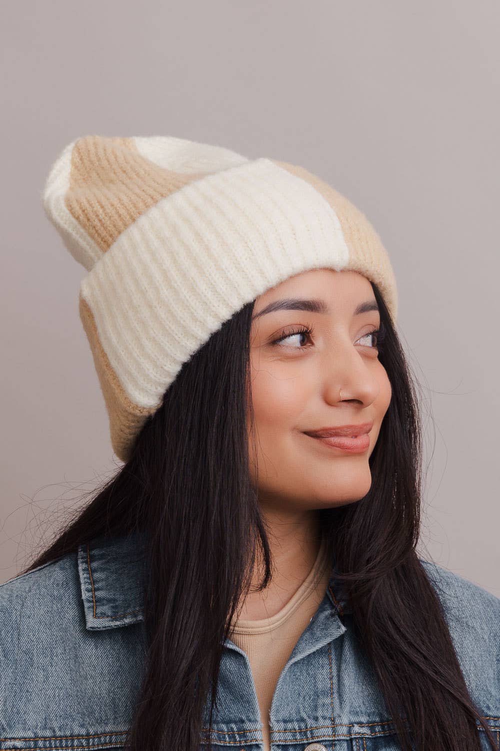 Oversized Two Tone Rib Knitted Beanie