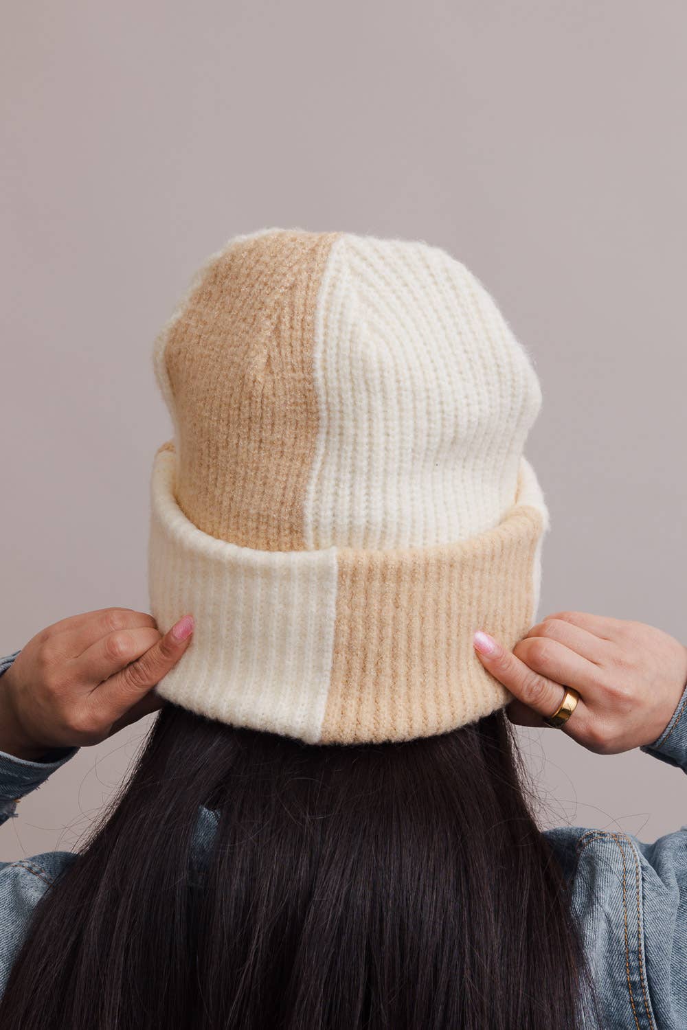 Oversized Two Tone Rib Knitted Beanie