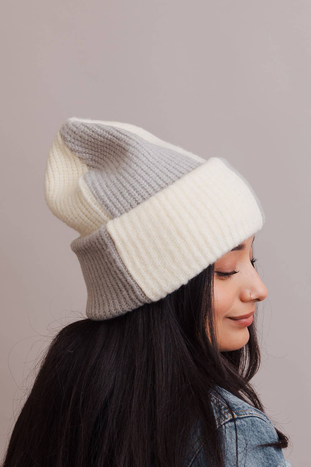 Oversized Two Tone Rib Knitted Beanie