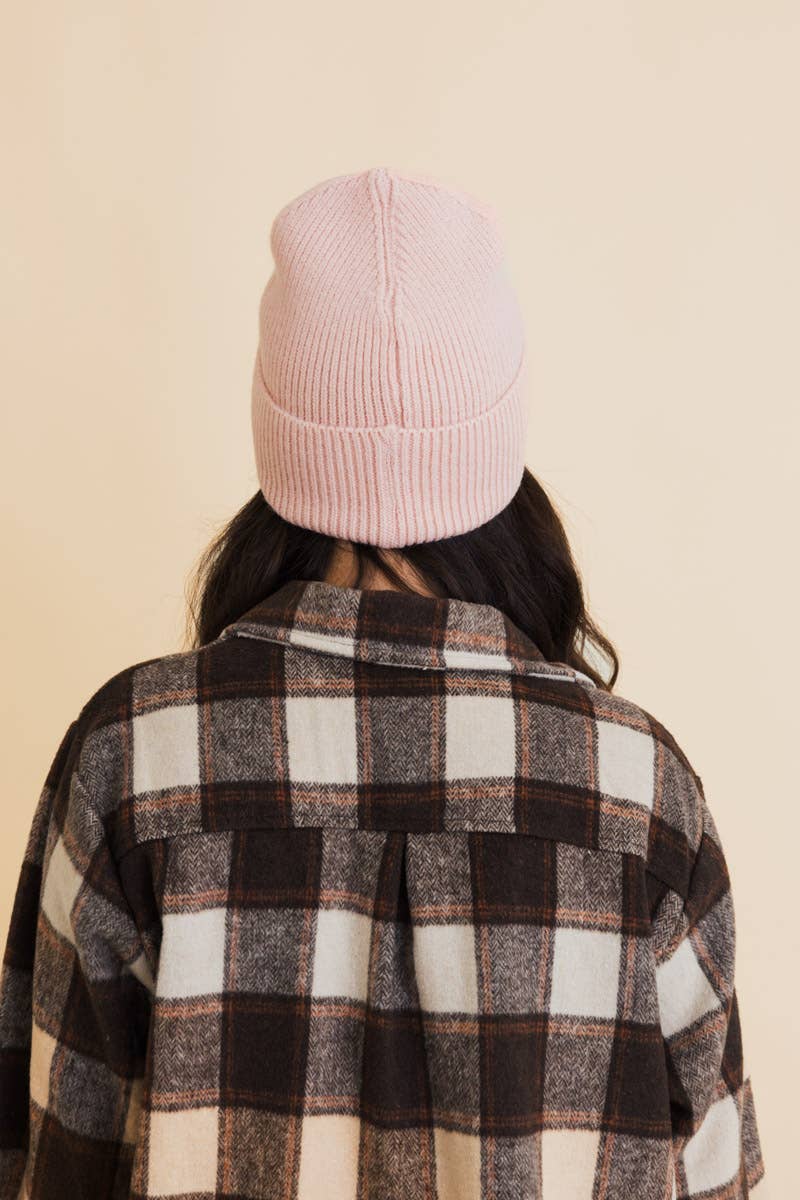 Smiley Face Embroidered Ribbed Knit Beanie