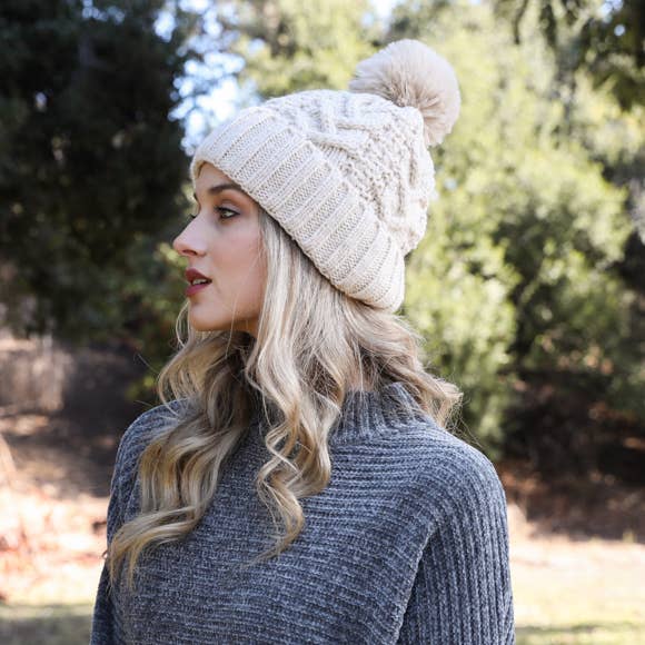 Winter Resort Cable Knit Pom Beanie with Thermal Lining