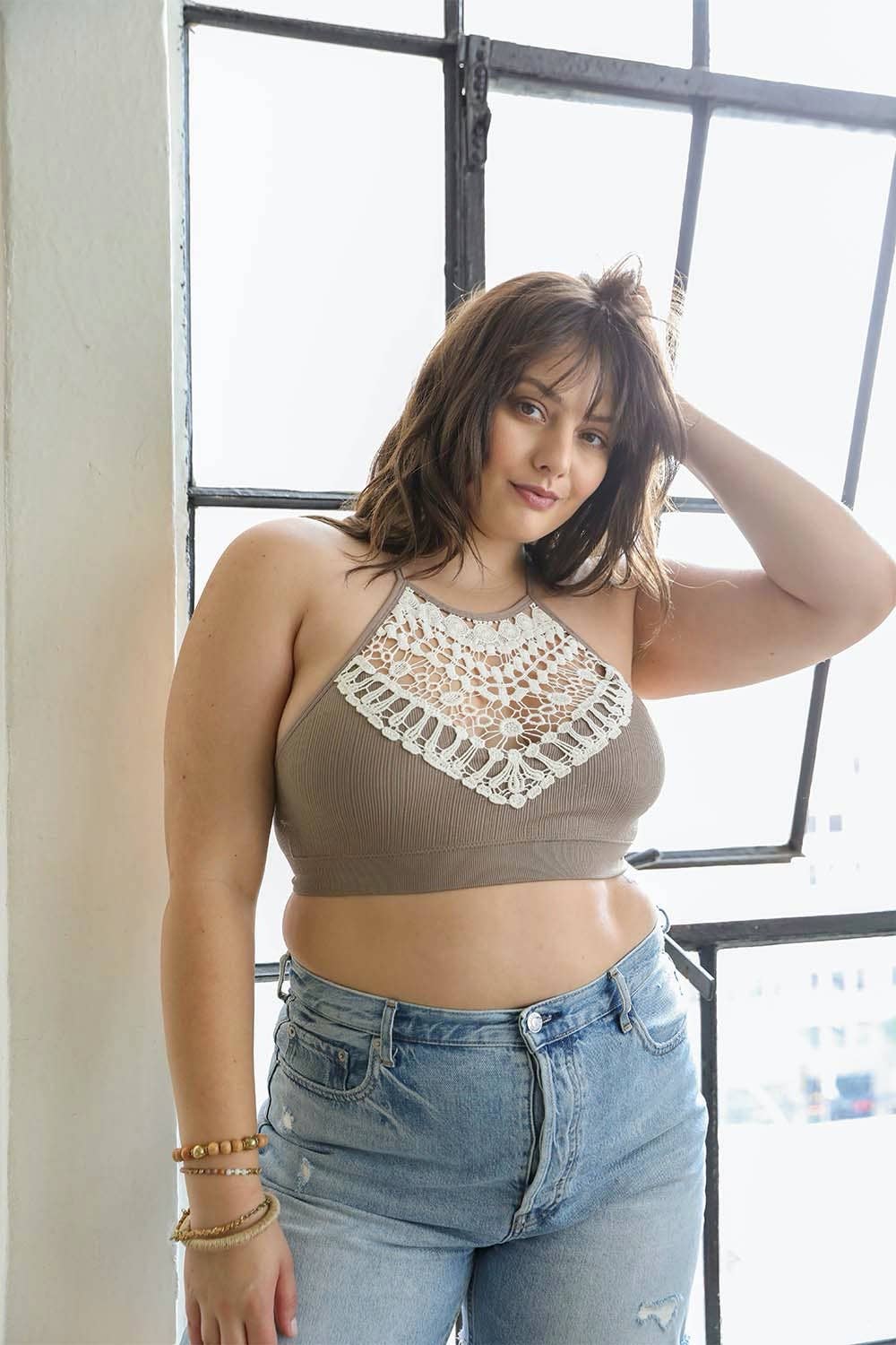 LS Chic Plus Size Crochet Lace Bralette with High Neck Design