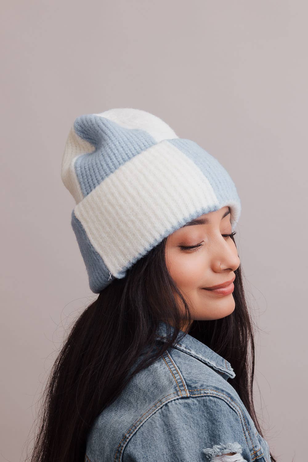 Oversized Two Tone Rib Knitted Beanie