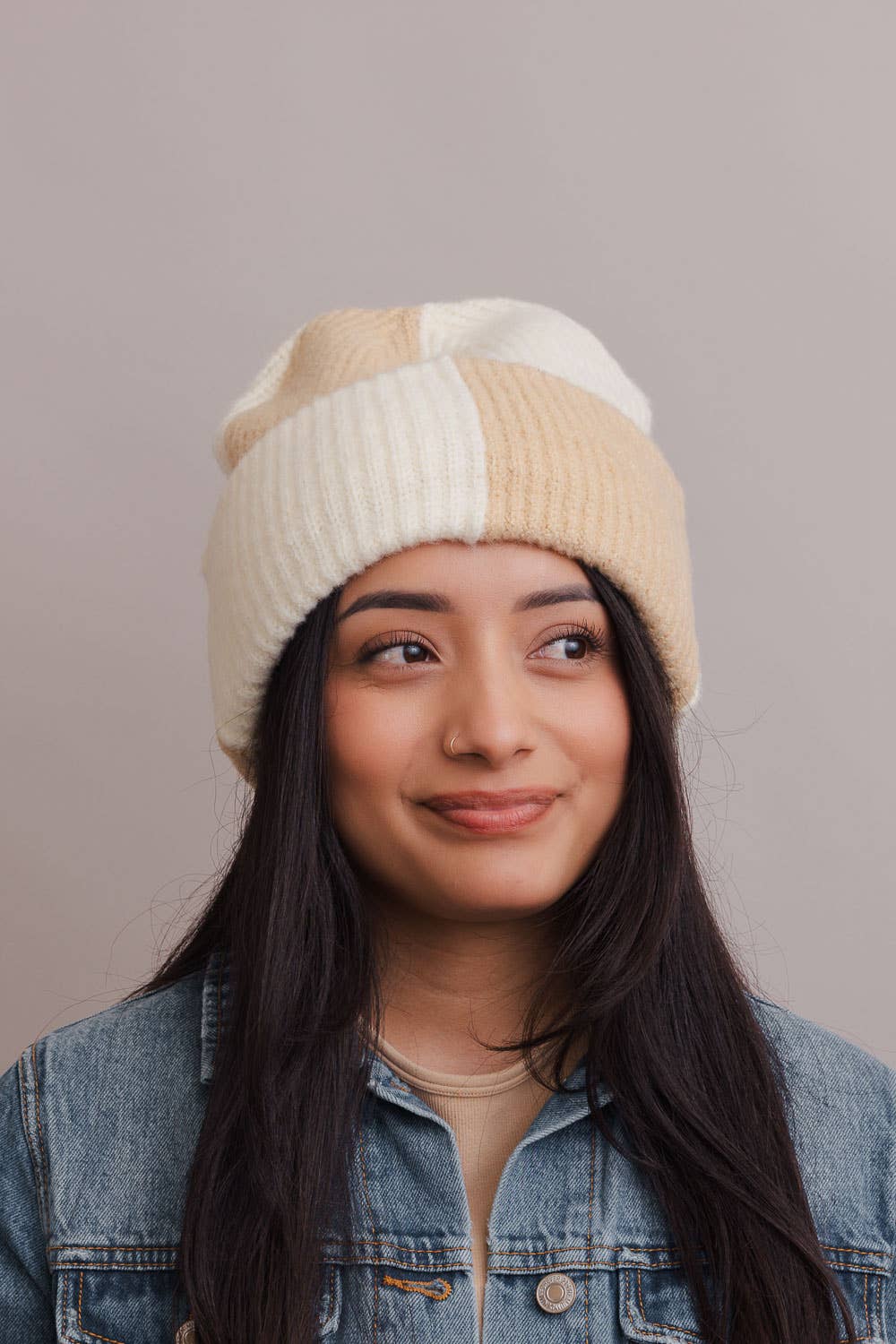 Oversized Two Tone Rib Knitted Beanie