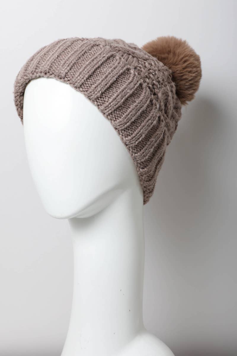 Winter Resort Cable Knit Pom Beanie with Thermal Lining