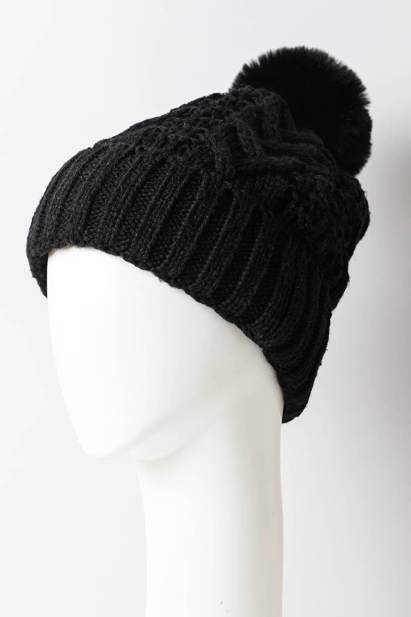 Winter Resort Cable Knit Pom Beanie with Thermal Lining