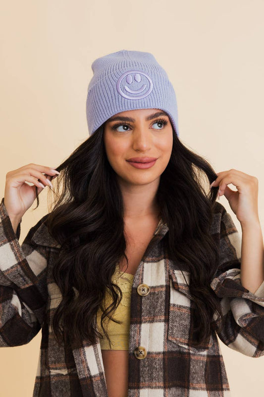 Smiley Face Embroidered Ribbed Knit Beanie