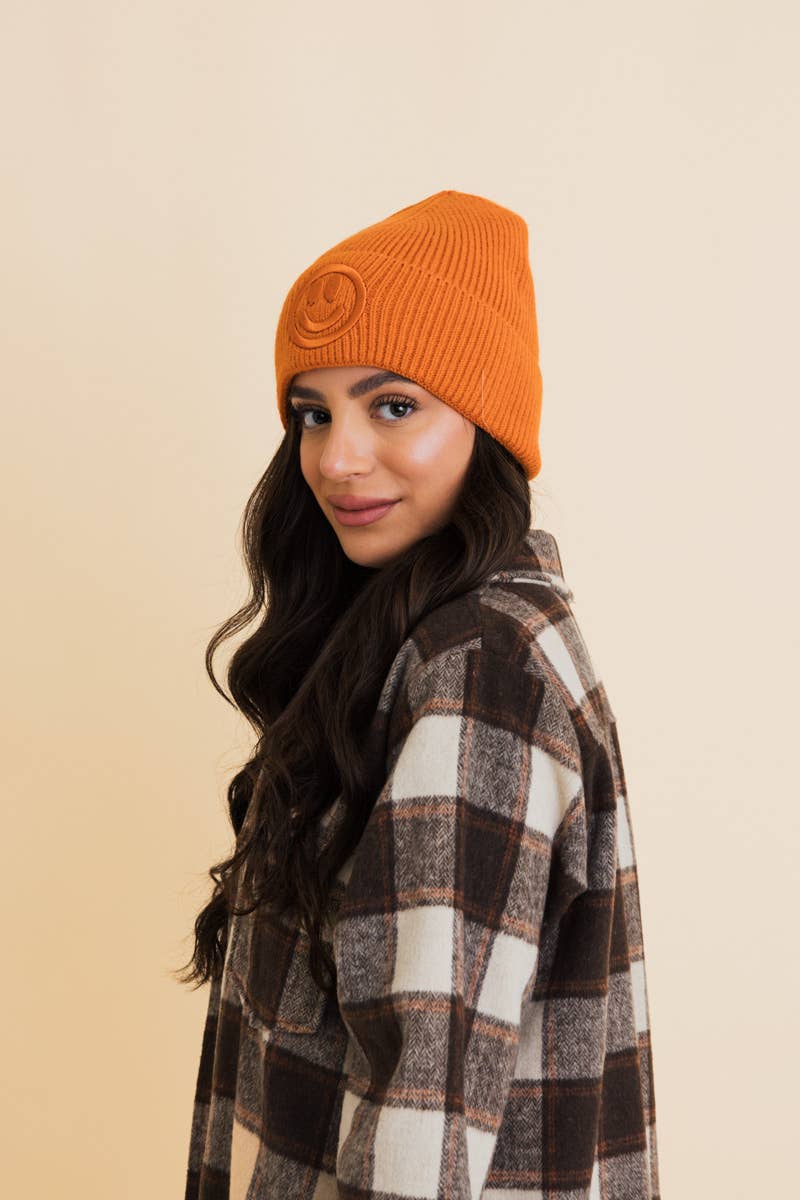 Smiley Face Embroidered Ribbed Knit Beanie