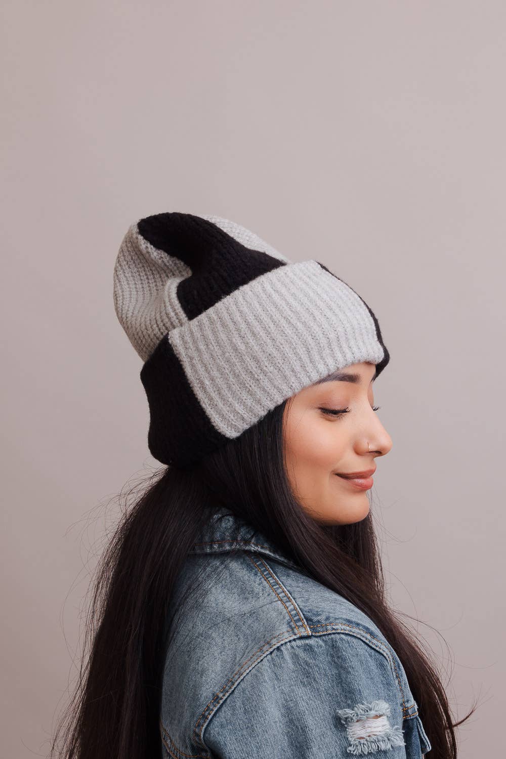 Oversized Two Tone Rib Knitted Beanie