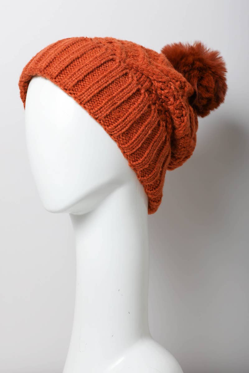 Winter Resort Cable Knit Pom Beanie with Thermal Lining