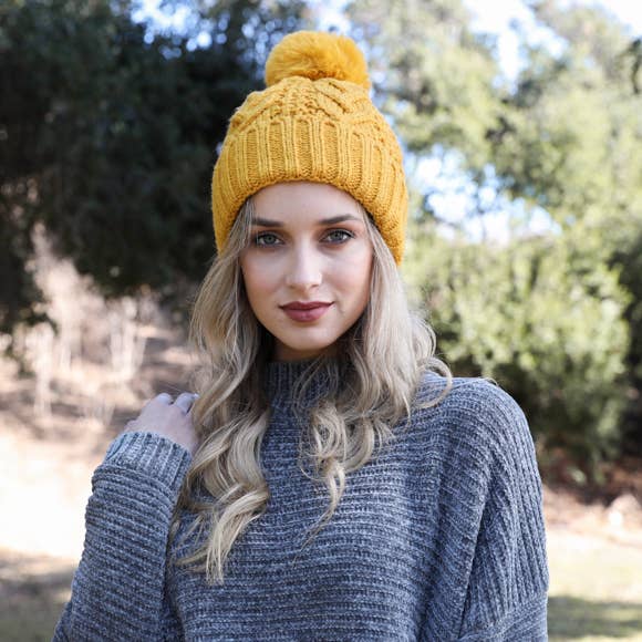 Winter Resort Cable Knit Pom Beanie with Thermal Lining