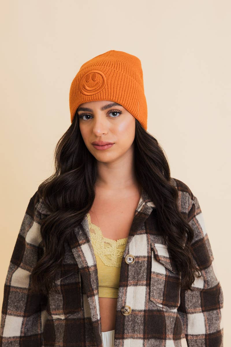 Smiley Face Embroidered Ribbed Knit Beanie