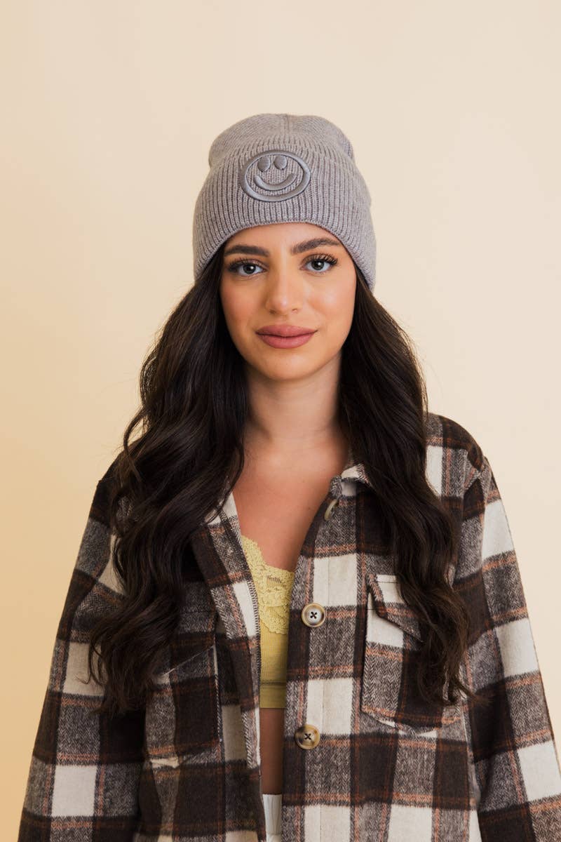 Smiley Face Embroidered Ribbed Knit Beanie