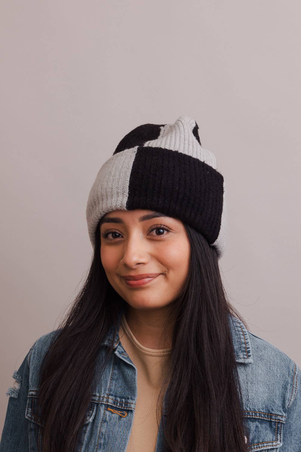 Oversized Two Tone Rib Knitted Beanie