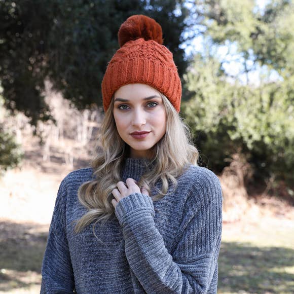 Winter Resort Cable Knit Pom Beanie with Thermal Lining