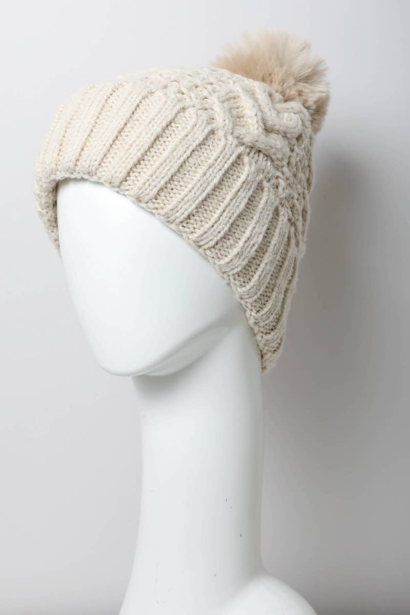 Winter Resort Cable Knit Pom Beanie with Thermal Lining