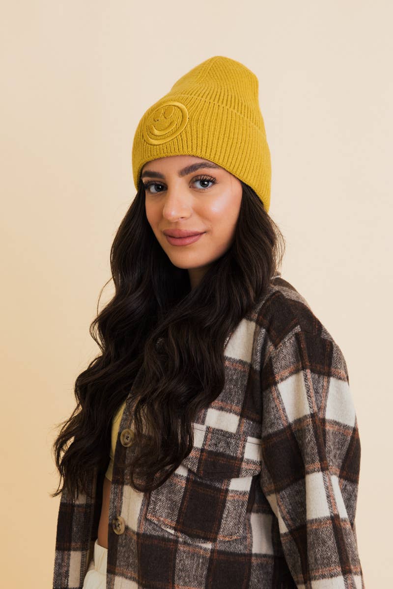 Smiley Face Embroidered Ribbed Knit Beanie
